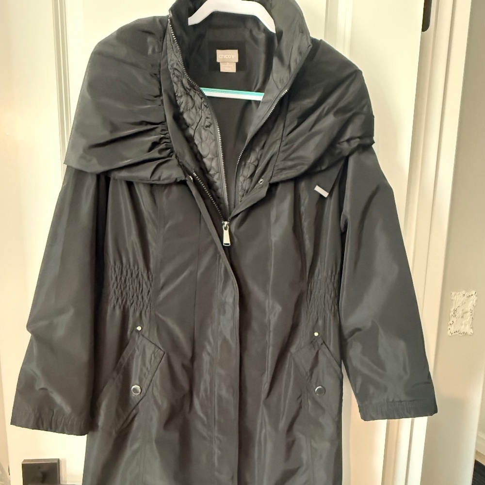 Chico's Black Trench Jacket/Coat with Hood Sz Large